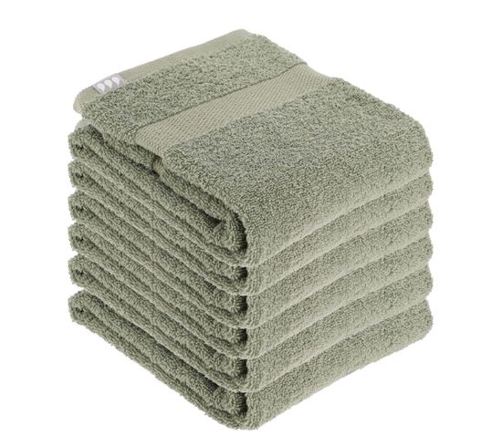 Lot De 6 Serviettes De Toilette Tissu Éponge 100% Coton Vert Kaki 50 X 90 Cm