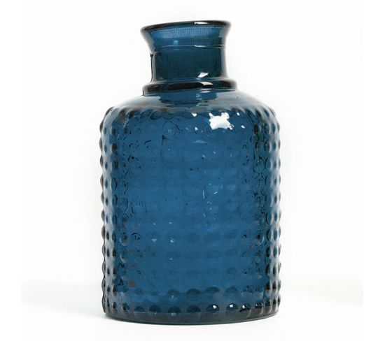Vase Verre Recyclé 20 X 12 Cm Forme Cylindrique Motif Alvéolé En Relief Transparent Bleu Foncé