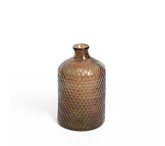 Vase Verre Recyclé 18 X 31 Cm Forme Cylindrique Motif Alvéolé En Relief Transparent Marron Nude