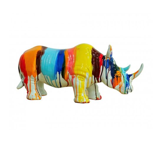 Statue Rhinocéros Avec Coulures Multicolores H24 Cm - Rhino Drips 04