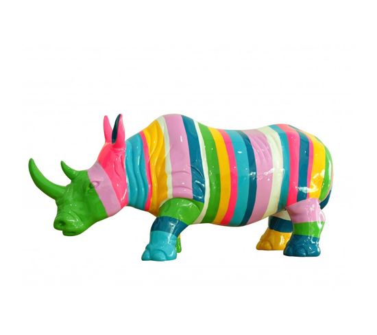 Statue Rhinocéros Avec Rayures Multicolores H24 Cm - Rhino Stripe 01