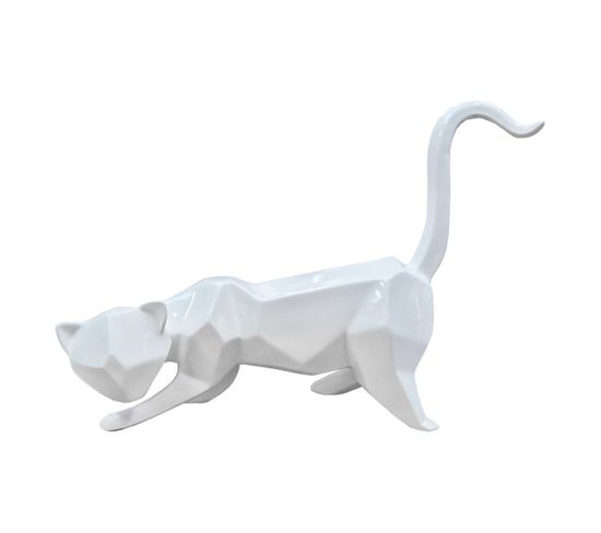 Statue Chat Géométrique Et Cubique Blanc L43 Cm - White Cat