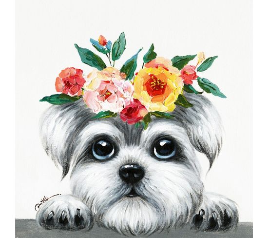 Tableau Peinture Chien Couronne De Fleurs 50 X 50 Cm - Doggy