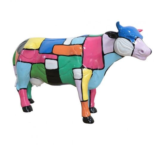 Statue Vache Avec Carreaux De Peintures Multicolores H39 Cm - Vikki
