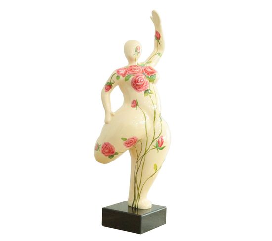 Statue Femme Jambe Pliée Beige Avec Fleurs Roses H60 Cm - Lady Rose