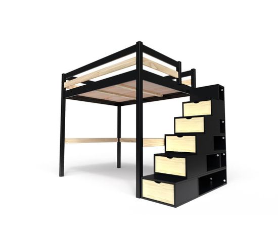 Lit Mezzanine Sylvia Avec Escalier Cube Bois, Couleur: Noir/vernis Naturel, Dimensions: 120x200