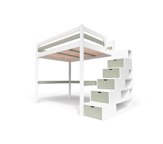 Lit Mezzanine Sylvia Avec Escalier Cube Bois, Couleur: Blanc/moka, Dimensions: 140x200