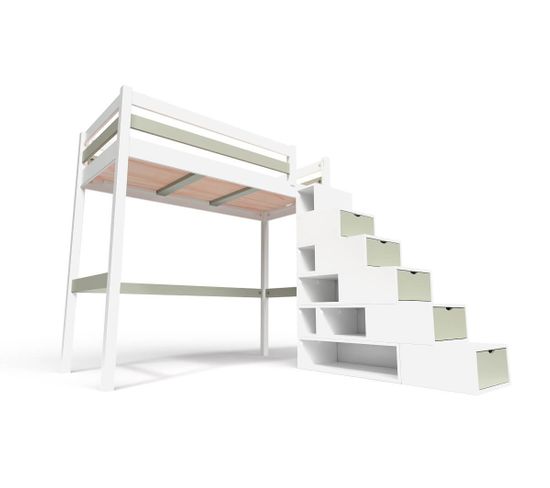 Lit Mezzanine Sylvia Avec Escalier Cube Bois, Couleur: Blanc/moka, Dimensions: 90x200