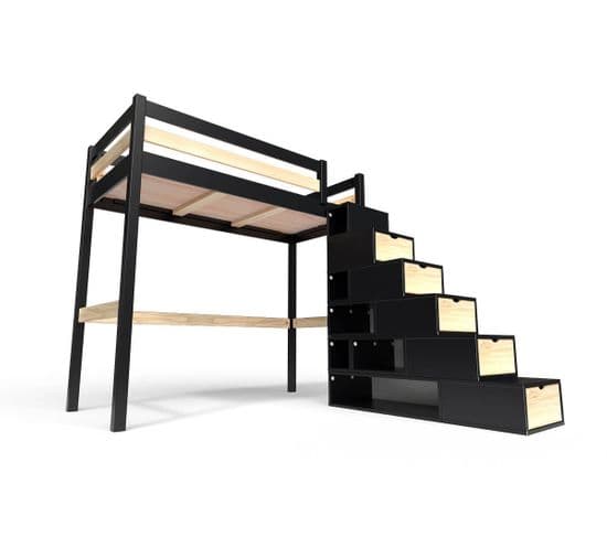Lit Mezzanine Sylvia Avec Escalier Cube Bois, Couleur: Noir/vernis Naturel, Dimensions: 90x200
