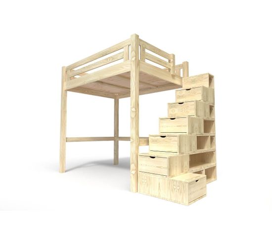 Lit Mezzanine Alpage Bois + Escalier Cube Hauteur Réglable, Couleur: Vernis Naturel, 120x200