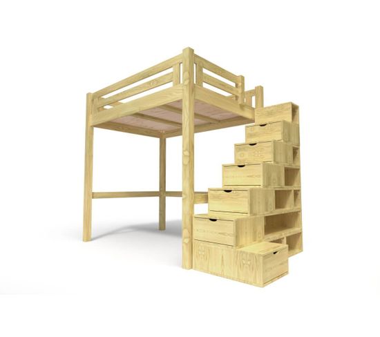 Lit Mezzanine Alpage Bois + Escalier Cube Hauteur Réglable, Couleur: Miel, Dimensions: 160x200