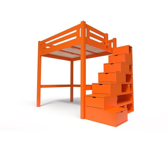 Lit Mezzanine Alpage Bois + Escalier Cube Hauteur Réglable, Couleur: Orange, Dimensions: 120x200