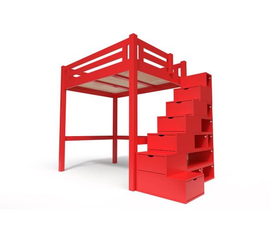 Lit Mezzanine Alpage Bois + Escalier Cube Hauteur Réglable, Couleur: Rouge, Dimensions: 120x200