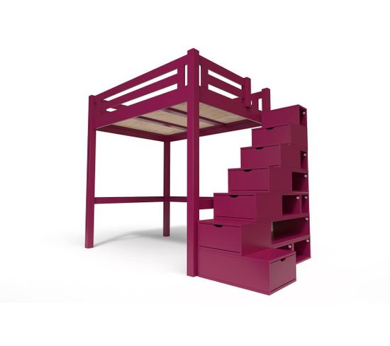 Lit Mezzanine Alpage Bois + Escalier Cube Hauteur Réglable, Couleur: Prune, Dimensions: 120x200