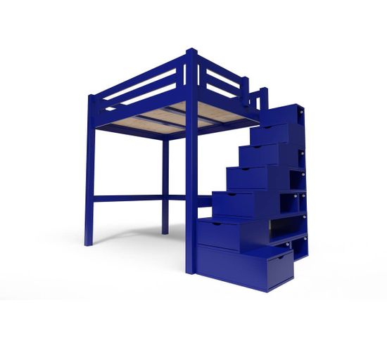 Lit Mezzanine Alpage Bois + Escalier Cube Hauteur Réglable, Bleu Foncé / 120x200