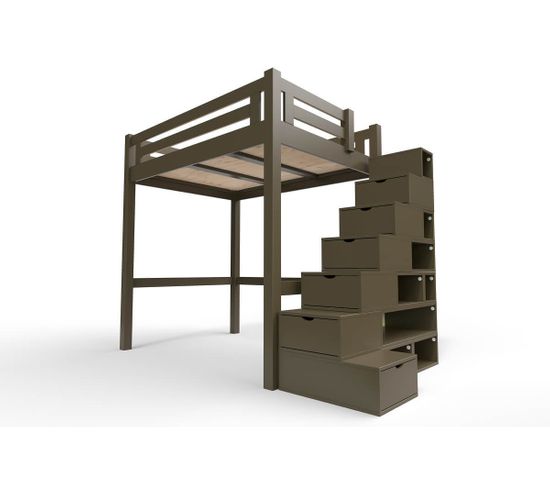 Lit Mezzanine Alpage Bois + Escalier Cube Hauteur Réglable, Couleur: Wengé, Dimensions: 120x200