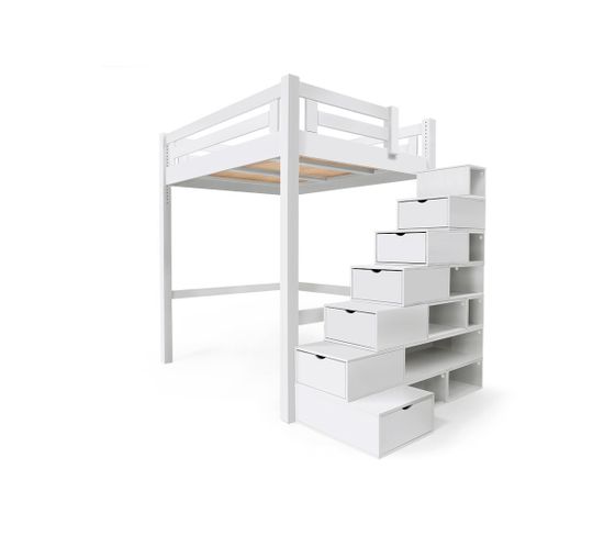 Lit Mezzanine Alpage Bois + Escalier Cube Hauteur Réglable, Couleur: Blanc, Dimensions: 140x200