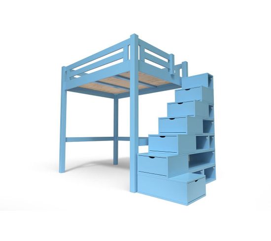 Lit Mezzanine Alpage Bois + Escalier Cube Hauteur Réglable, Bleu Pastel / 140x200