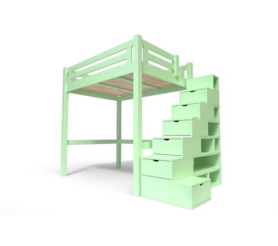 Lit Mezzanine Alpage Bois + Escalier Cube Hauteur Réglable, Vert Pastel / 140x200