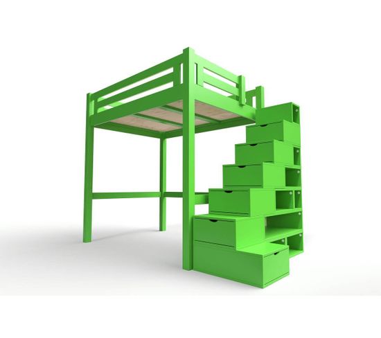 Lit Mezzanine Alpage Bois + Escalier Cube Hauteur Réglable, Couleur: Vert, Dimensions: 140x200