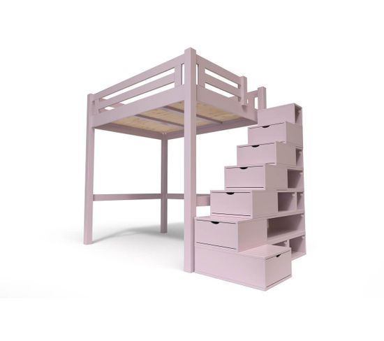 Lit Mezzanine Alpage Bois + Escalier Cube Hauteur Réglable, Violet Pastel / 140x200
