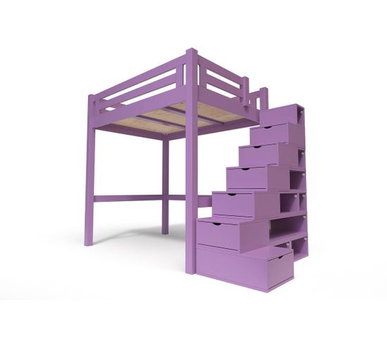 Lit Mezzanine Alpage Bois + Escalier Cube Hauteur Réglable, Couleur: Lilas, Dimensions: 140x200