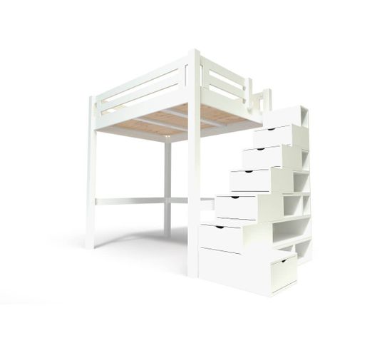 Lit Mezzanine Alpage Bois + Escalier Cube Hauteur Réglable, Couleur: Blanc, Dimensions: 160x200