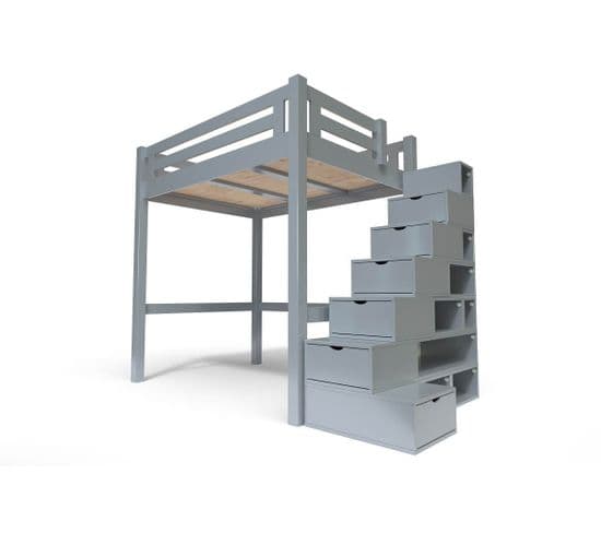 Lit Mezzanine Alpage Bois + Escalier Cube Hauteur Réglable, Gris Aluminium / 160x200
