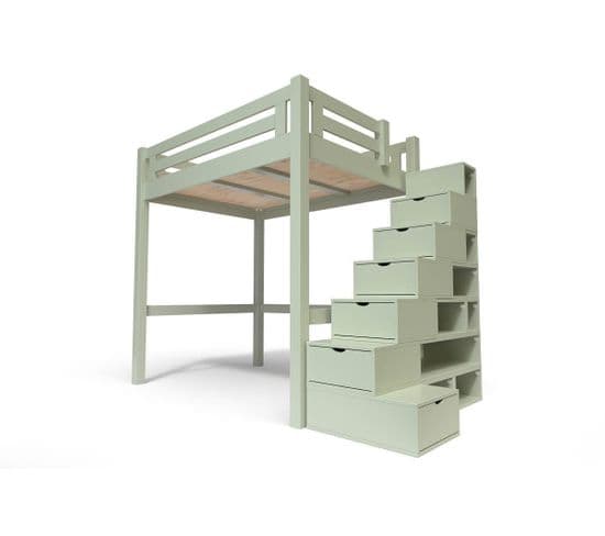 Lit Mezzanine Alpage Bois + Escalier Cube Hauteur Réglable, Couleur: Moka, Dimensions: 160x200