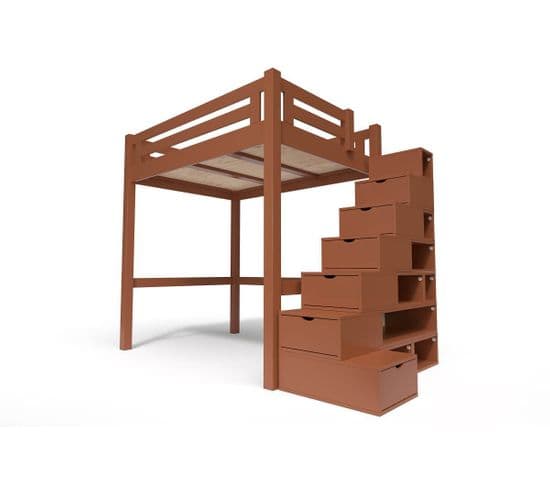 Lit Mezzanine Alpage Bois + Escalier Cube Hauteur Réglable, Couleur: Chocolat, Dimensions: 160x200