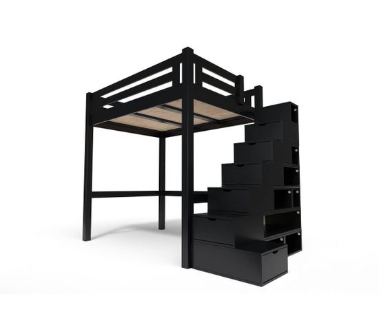 Lit Mezzanine Alpage Bois + Escalier Cube Hauteur Réglable, Couleur: Noir, Dimensions: 160x200