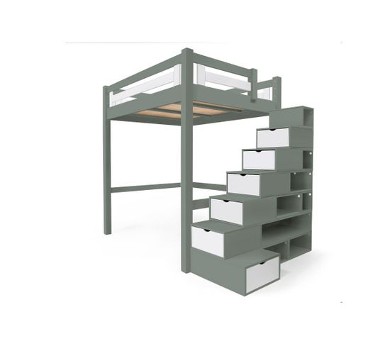 Lit Mezzanine Alpage Bois + Escalier Cube Hauteur Réglable, Gris/blanc / 160x200