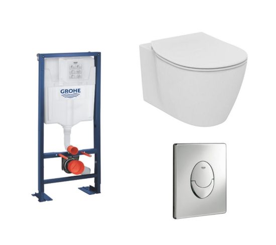 Pack Wc Suspendu Compact Ideal Standard Connect Space + Abattant + Plaque Blanc Alpin + Bati Grohe