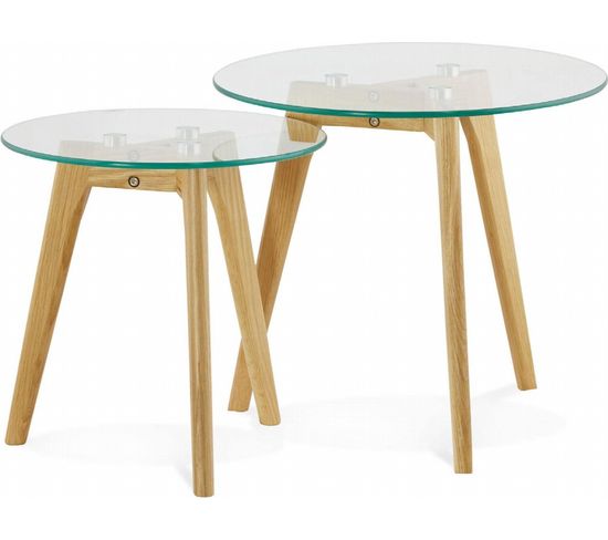 Table Gigogne Design Plateau Verre Pied Chêne Clair D50cm
