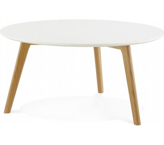 Table Basse Design Ronde Plateau Blanc Pieds Bois D90cm