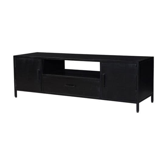 Uzes-meuble TV 2 Portes 1 Tiroir L180, Manguier Massif Noir Et Métal