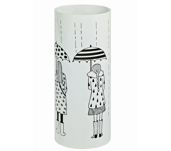 Porte Parapluies En Métal Laqué Blanc Motif Imprimé - Dim : Diam 18 X H45 Cm-