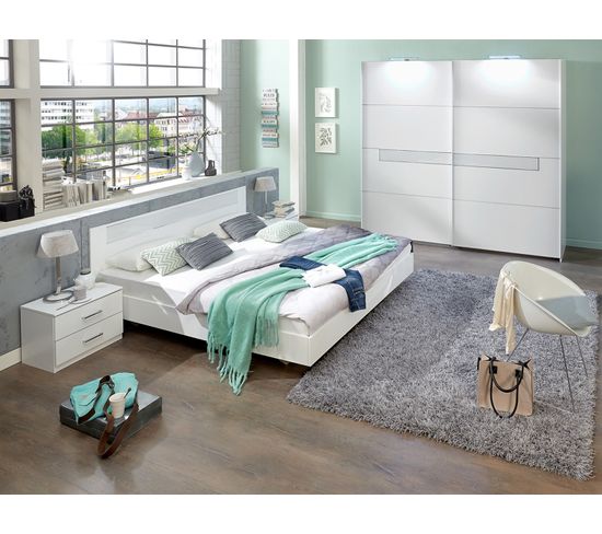 Chambre Adulte En Panneaux De Particules Coloris Blanc, Rechampis Verre Blanc + Chrome - 180x200 Cm