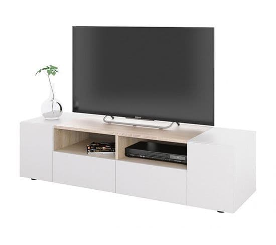 Meuble TV Décor Blanc Et Chêne - Dim : L 138 X P 42 X H 34 Cm
