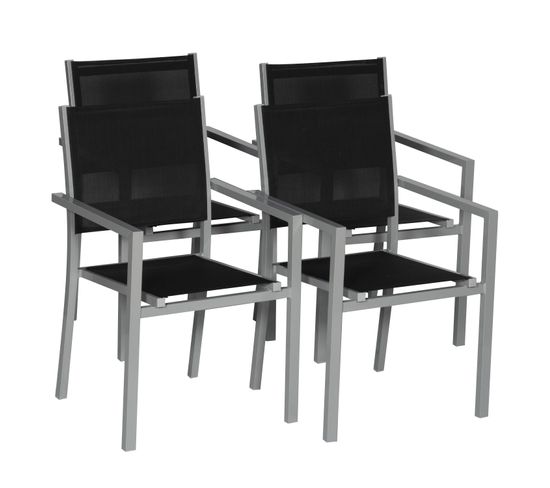 Lot De 4 Chaises En Aluminium Gris - Textilène Noir