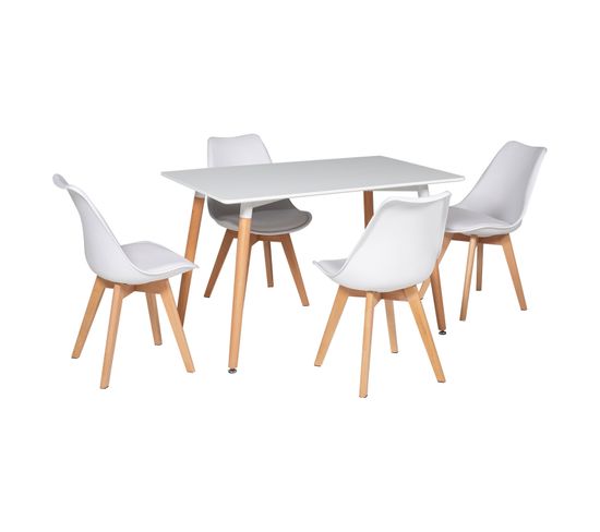 Ensemble Table Rectangulaire 120cm Pia Et 4 Chaises Nora Blanc