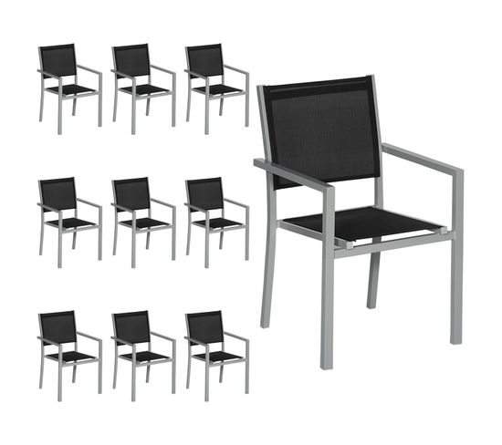 Lot De 10 Chaises En Aluminium Gris - Textilène Noir