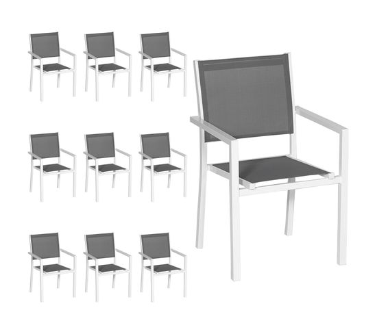 Lot De 10 Chaises En Aluminium Blanc - Textilène Gris