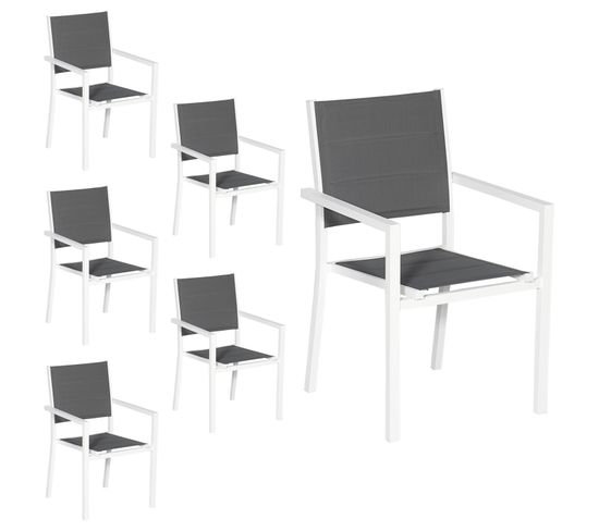 Lot De 6 Chaises Rembourrées En Aluminium Blanc - Textilène Gris