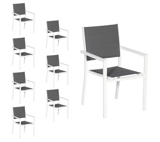 Lot De 8 Chaises Rembourrées En Aluminium Blanc - Textilène Gris