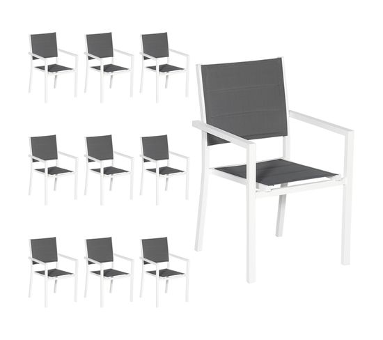 Lot De 10 Chaises Rembourrées En Aluminium Blanc - Textilène Gris