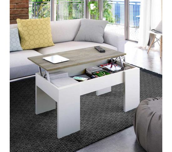 Table Basse Relevable Blanc/chêne - Artica - L 100 X L 50 X H 45/56 Cm