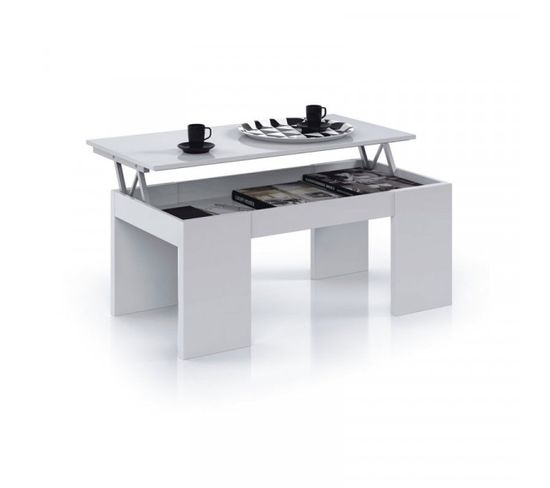 Table Basse Relevable Blanc Brillant - Oxnard - L 100 X L 50 X H 43/54 Cm
