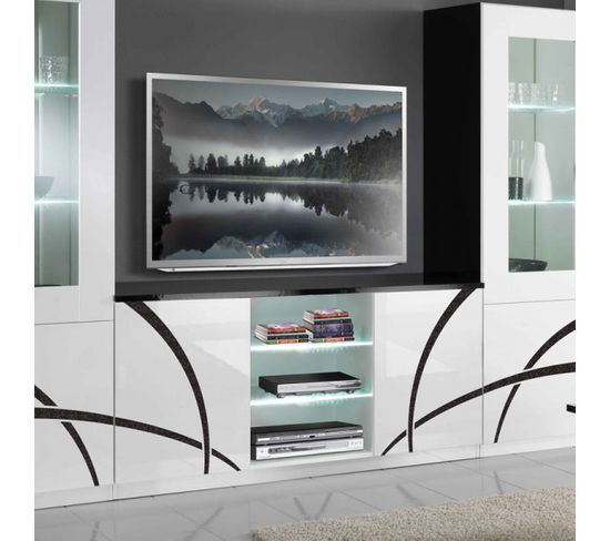 Meuble TV 2 Portes Blanc/noir à LEDs - Cross - L 150 X L 47 X H 70 Cm