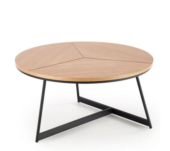 Table Basse Ronde Avec Plateau Aspect Chêne 80cm Et Piètement Design En Métal Noir Phebus